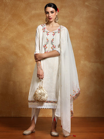 Varanga Women Floral Motif Thread Embroidered Yoke Kurta with Trouser & Dupatta